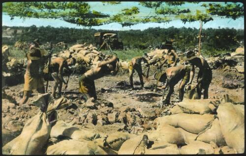 Unidentified Australian Army soldiers digging and filling sandbags [transparency] : scenes of Army life in Australia during World War II / [John Flynn?]