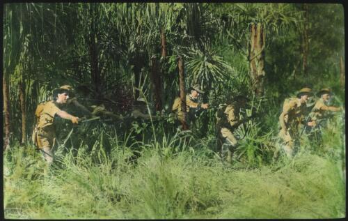 Unidentified Australian Army soldiers in jungle [transparency] : scenes of Army life in Australia during World War II / [John Flynn?]