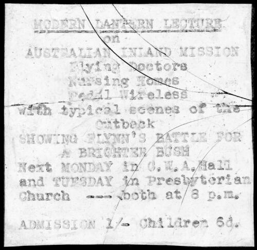 Advertisement for Australian Inland Mission lantern slide lecture [transparency]  / [John Flynn?]