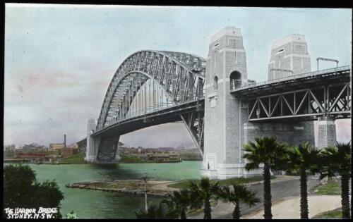 View of Sydney Harbour Bridge, New South Wales [transparency] : a lantern slide used by John Flynn in lectures [2] / [John Flynn]