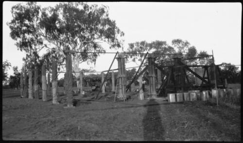 Timber building frame [5] [picture] : construction of the Fitzroy Crossing hospital / [John Flynn?]