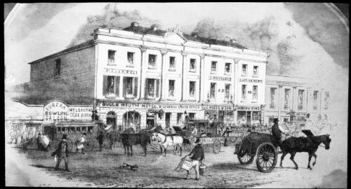 Bull & Mouth Hotel, Gt Bourke Street, Melbourne, 1854 [transparency] / [S.T. Gill]