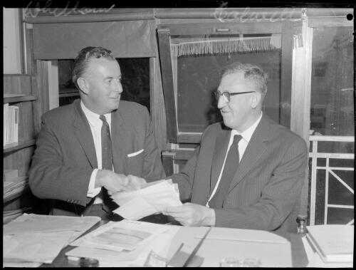 Gough Whitlam with Arthur Calwell, Canberra, 1960 [picture] / L. J. Dwyer