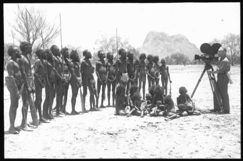 Australian Aboriginal men, women and children belonging to the Arunta tribe, Haasts Bluff, Northern Territory, 1934 [transparency]