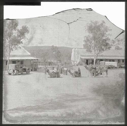Camel team at Hermannsburg Mission, Northern Territory, 1934 [transparency]