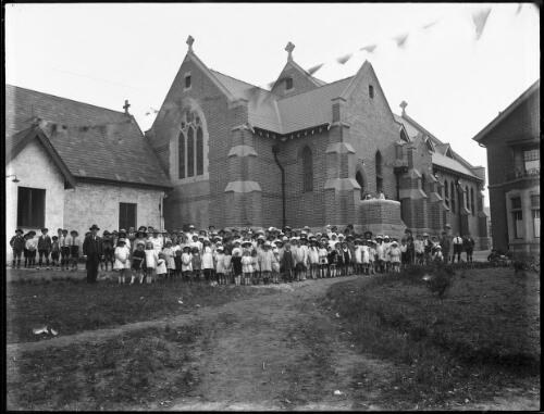 Students and teachers in front of a church school in Sydney, [1] [picture] / A.G. Foster