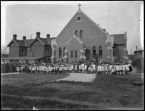 Students and teachers in front of a church school in Sydney, [2] [picture] / A.G. Foster
