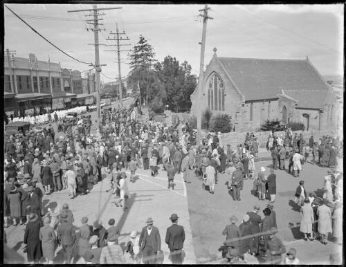 Anzac Day march outside of Church of England, Christ Church, Gladesville[?], Sydney [picture] / A.G. Foster