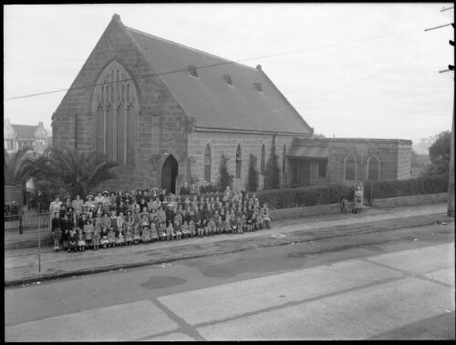 Group gathered outside St Andrew's Presbyterian Church, Gladesville, New South Wales [picture] / A.G. Foster
