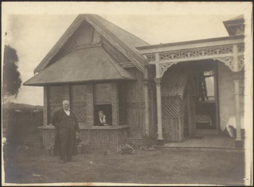 George and Lucy Coppin in front of the private theatre they had built at their house the 'Anchorage' at Sorrento, Victoria, ca. 1901 [picture]