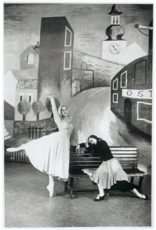 Peggy Sager (left) and Helene Kirsova in "The revolution of the umbrellas", choreographed by Helene Kirsova, Brisbane, 1944 [picture] / The Telegraph (Brisbane)
