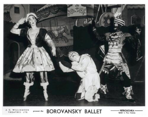 Peggy Sager as the Ballerina, Miro Zloch as Petrouchka, and Charles Boyd as the Blackamoor in "Petrouchka", Borovansky Ballet, Sydney, 1951 [picture] / Hal Williamson