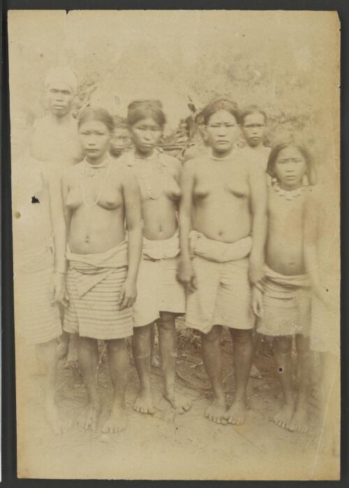[Ten unidentified Silipanes (an Ifugao subgroup) with females wearing skirts and jewelery, Nueva Viscaya, Luzon, Philippines] [picture] / [Adolf B. Meyer and Alexander Schadenberg]