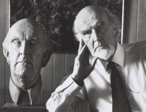 Manning Clark with a bust of himself sculpted by Ninon Geier, Canberra, Australian Capital Territory, ca. 1985 [picture]