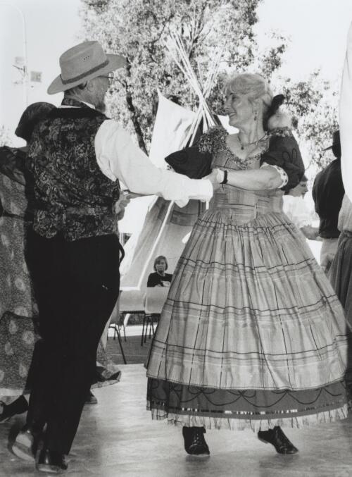National Folk Festival Canberra: Australian Pioneer Dancers display on the Piazza, Sandra Martens and Roger Gifford, Easter 1997 [picture] / Brendan Bell