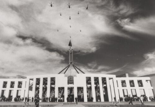 Helicopter fly past, Queen in extreme bottom right, Canberra, 1988 [picture] / Andrew Campbell