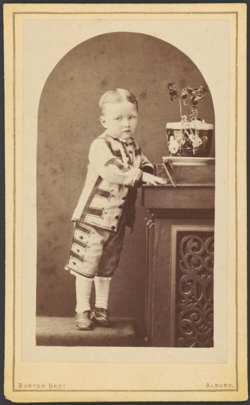 Boy toddler standing beside a cabinet with pot plant, Albury, New South Wales, ca. 1880 [picture] / Burton Brothers