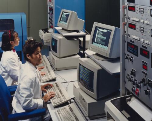 Staff at computers, Tasman Cable Company, Botany works, New South Wales, for Alcatel, 1990 [picture] / Wolfgang Sievers