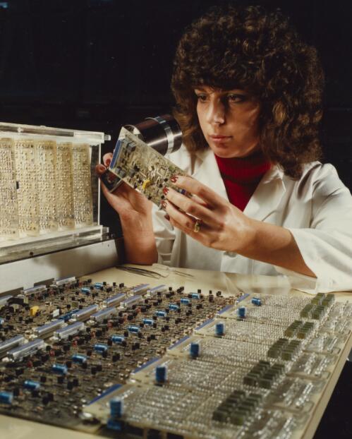 Worker checking electrical circuit boards at Thycon Industries, Brunswick, Victoria, 1979, 1 [picture] / Wolfgang Sievers