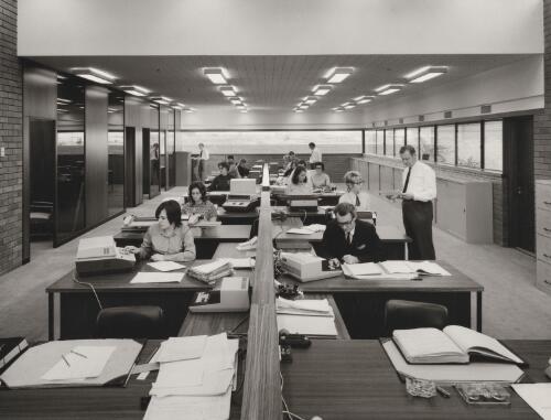 Office interior at Mercedes Trucks, Dandenong, Victoria for E G Holt, Melbourne, 1974 [picture] / Wolfgang Sievers