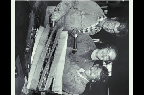 Workers from various ethnic backgrounds (Keith Carter, Alan Gray and Percy Lennon) 1983, Dandenong Glass works (ACI-Pilkington) [picture] / Wolfgang Sievers