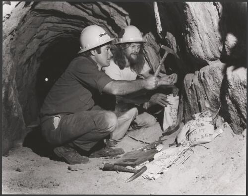 Shell geologists, Ian Wilson and Imre Hillenbrand taking rock samples from an old mine shaft near Orange, New South Wales, 1980, 1 [picture] / Wolfgang Sievers