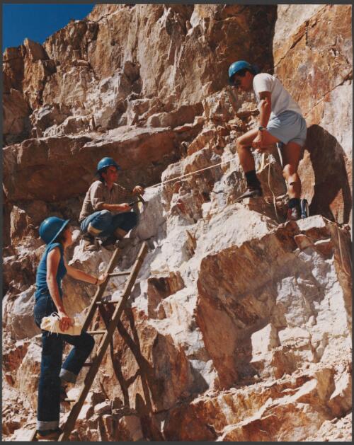 Geologists Sue Coote, David Bailey and Max Rangott surveying an old mine area near Orange, New South Wales, 1980 [picture] / Wolfgang Sievers