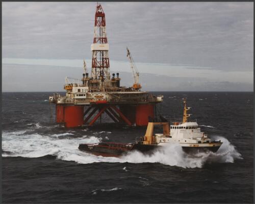 Shell's oil rig, Nymphea  with the Lady Penelope escort and supply tug, Bass Strait, 1983 [picture] / Wolfgang Sievers