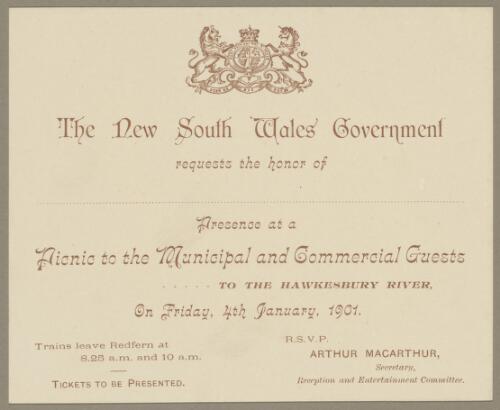 Invitation to a picnic for the municipal and commercial guests to the Hawkesbury River, on 4 January, 1901 [picture]