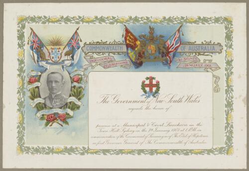 Invitation to a municipal & civil luncheon in the Town Hall, Sydney, on the 7th January, 1901 at 1 p.m. in commemoration of the ceremonial of swearing in of the Earl of Hopetoun, as first Governor General of the Commonwealth of Australia [picture]