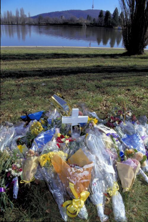 Royal Canberra Hospital implosion - Katie Bender's memorial [picture] / Jim Nomarhas, Henk Brusse and Loui Seselja