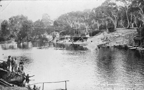 Inmates swimming in the creek, Berrima Internment Camp, New South Wales, approximately 1917 / D. Speer