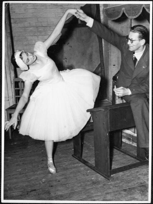 Valrene Tweedie (14 years old) with Colonel de Basil after being accepted for his ballet company, Sydney, 1940 [picture]