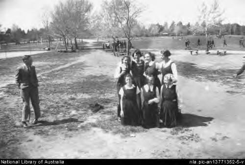 Seven girls in the playground, Telopea Park High School, Canberra, ca.1937 [picture]