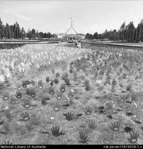 Sea of Hands on the lawns of the Parliament House, Canberra, 1997 [picture] / Loui Seselja