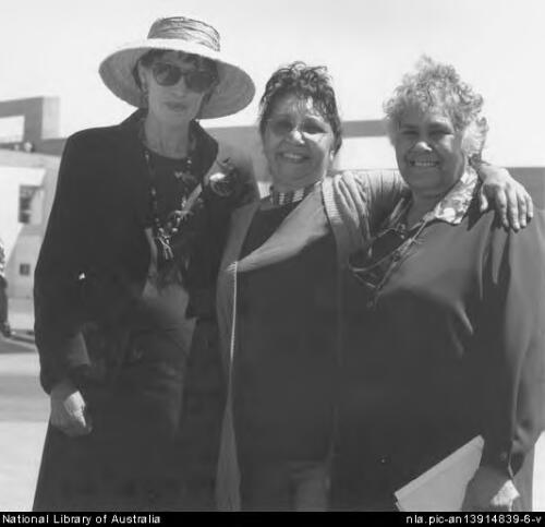 Camilla Cowley, Queensland pastoral landholder, Matilda House of the Ngunnawal people and Lowitja [Lois] O'Donoghue, former ATSIC chair during the Sea of Hands protest, Canberra, 12 October, 1997 [picture] / Loui Seselja