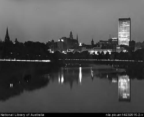 Melbourne view across the Yarra : from left to right,  St. Paul's Cathedral to CRA, Collins Street (since demolished), 1967 [picture] / Wolfgang Sievers