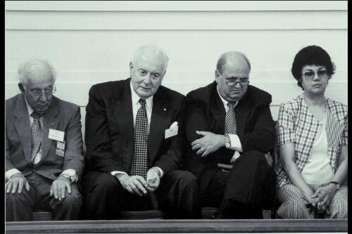 Sir Zelman Cowen former Governor General of Australia, Gough Whitlam former Prime Minister of Australia and Michael Moore former Prime Minister of New Zealand with his wife, Canberra, 1998 [picture] / Loui Seselja
