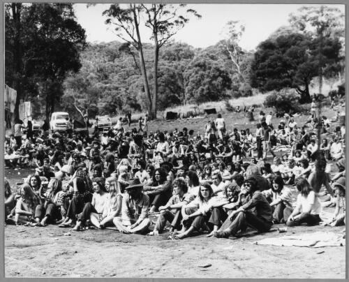 Mulwala Rock Festival showing the performers, audience, costume, and life style of music festival in 1972 [picture] / Joseph Oros