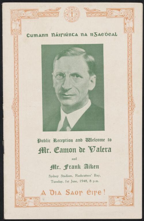 Public reception and welcome to Mr. Eamon de Valera and Mr Frank Aiken, Sydney Stadium, Rushcutters' Bay, Tuesday, 1st June, 1948, 8 p.m. [picture]