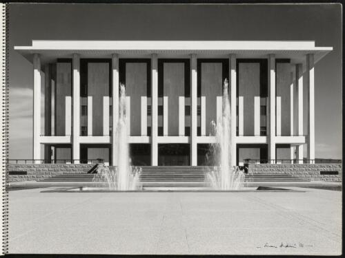 Front view of the National Library of Australia with forecourt and fountains, 1968 [picture] / Max Dupain