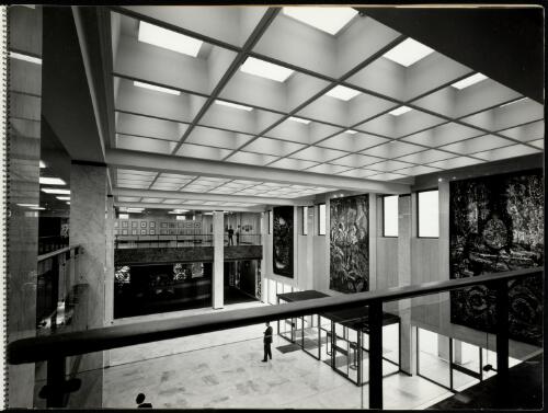 View from mezzanine looking into entrance foyer of National Library of Australia, 1968 [picture] / Max Dupain