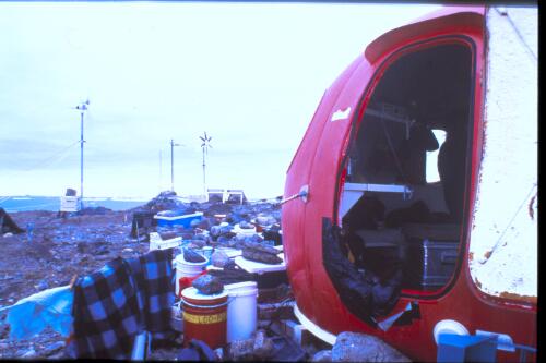 Accommodation for the three scientists living on Ardery Island consists of two apple huts with solar and wind power, Ardery Island, Antarctica, 8 January 1998 [transparency] / Felicity Jenkins