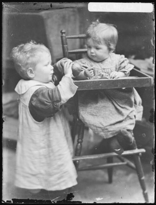 Rainbow with Jean in a high chair, Riley Street, North Sydney, 1910 [picture] / Harold Cazneaux