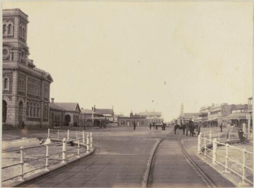Tram tracks, the jetty and the Glenelg Institute building on Jetty Road, Glenelg, South Australia, approximately 1883 [picture]