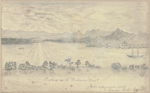 Looking up the Endeavour River, from the sitting room of the Sovereign Hotel, Cooktown 1886 [picture] / RJA