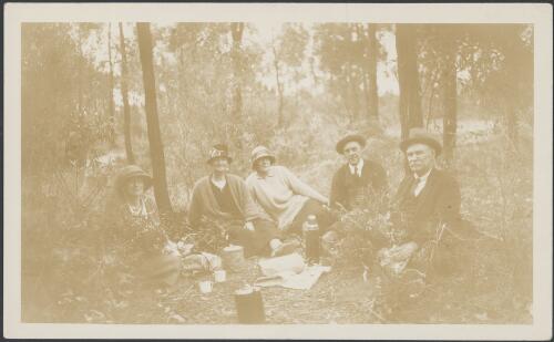 Group including Charles Daley senior, Caroline Rose Daley, two unidentified women and one unidentified man having a picnic, Flagstaff Hill, Victoria, 1925 [picture]