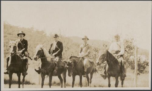 From left to right, Mr. Cudmore, Charles Daley senior, Mr. Brain junior and Mr Brain on horseback, ca. 1925 [picture]