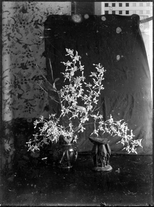 New Guinea orchid in a round vase beside a small Sepik stool, Rabaul, New Guinea, ca. 1929 [picture] / Sarah Chinnery