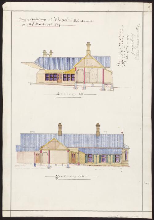 Plan of additions at "Mona" Braidwood for H. F. Maddrell Esq. [picture] : [section E. F, Section G. H.]